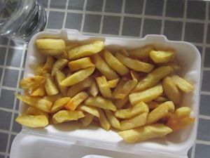Crisp, hot, hand cut chips with salt and vinegar - all in recyclable boxes