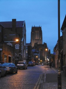 The Anglican cathedral at the other end of Hope street but seen from a classic old cobbled city centre street