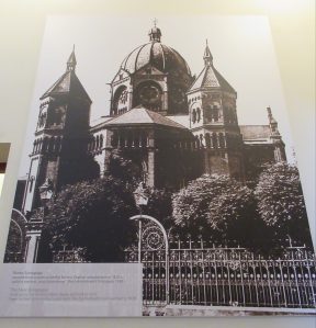 An old photograph of the synagogue that was destroyed by fire in 1938, in an exhibition in the White Stork Synagogue