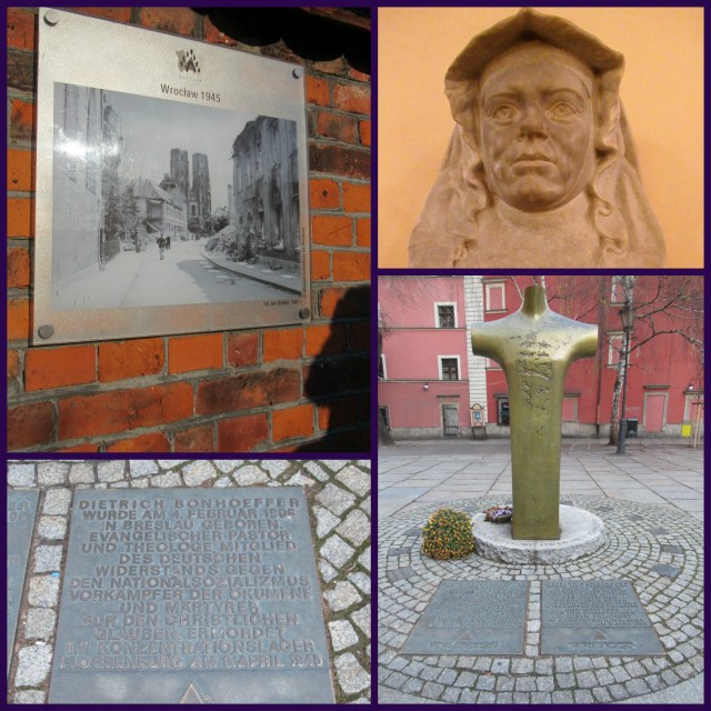 One picture of the damage inflictedon Cathedral Island in World War II; a bust of Edith Stein, also known as St Teresa of the Cross, in Wroclaw town hall - born in Breslau, now Wroclaw, into the Jewish faith. later becoming atheist and finally converting to Catholicisim, Edith was a philosopher, she became a nun eventually and the Nazis took her from her convent in the Netherlands to Auschwitrz where she died in 1942 in the gas chamber; Dietrich Bonhoeffer, native of Breslau, was a Lutheran pastor and theologian and active in the resistance in World War II who has had a profound impact on the Christian church- he too died at the hand of the Nazis, being executed at Flossenburg in April 1845.